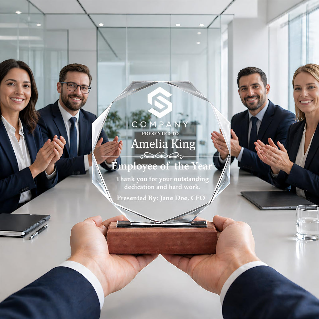 iStutzen Custom Crystal Award Trophy, Personalized Recognition Engraved Crystal Award with Logo/Name/Text for Corporate Recognition, Employee Appreciation, Years of Service, Retirement(Style-1)