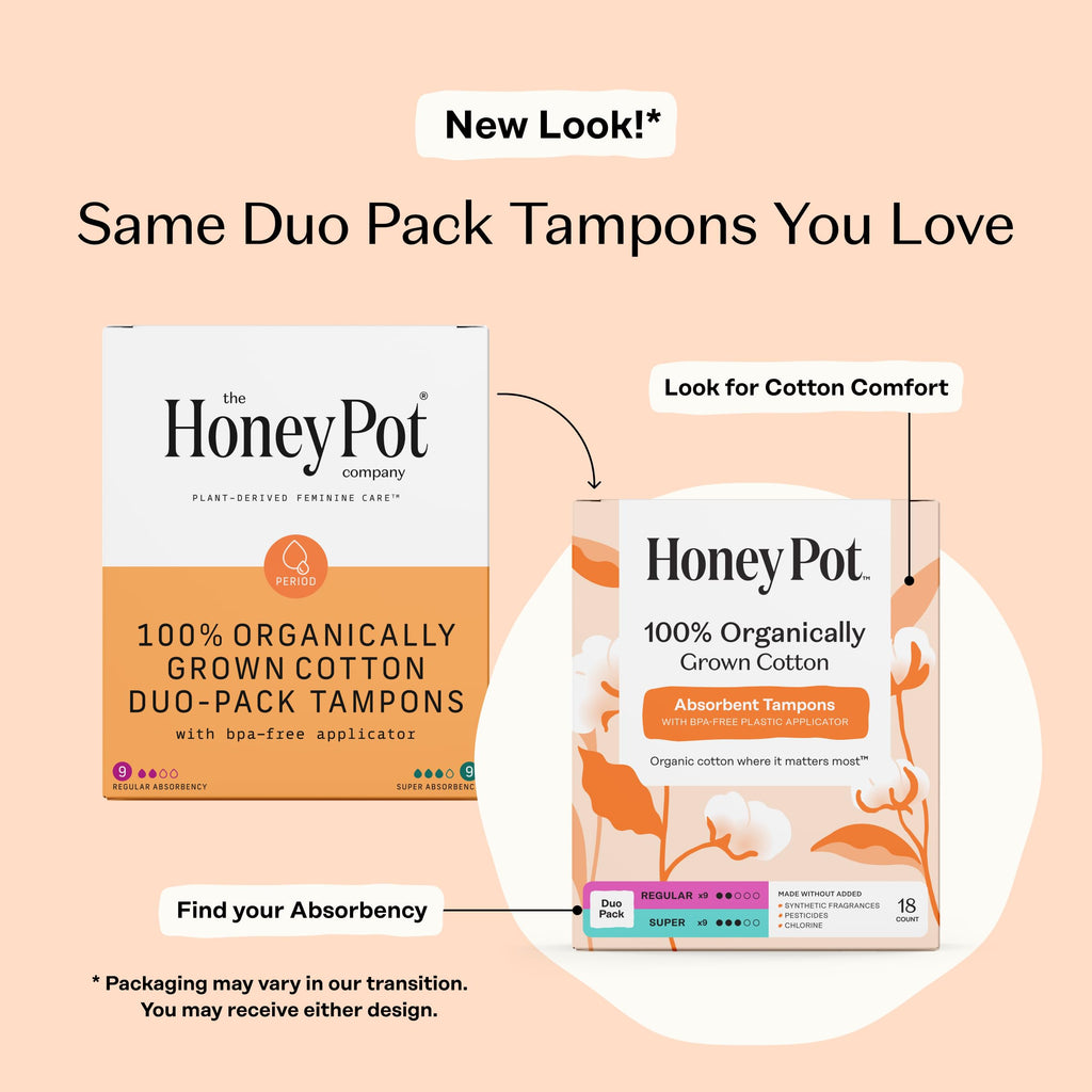 The Honey Pot Company - Multipack -100% Organic Cotton Core Tampons w/Bio Plastic Applicator - Regular & Super Absorbency - Unscented - Feminine Care - 54 Count (3 Packs of 18)