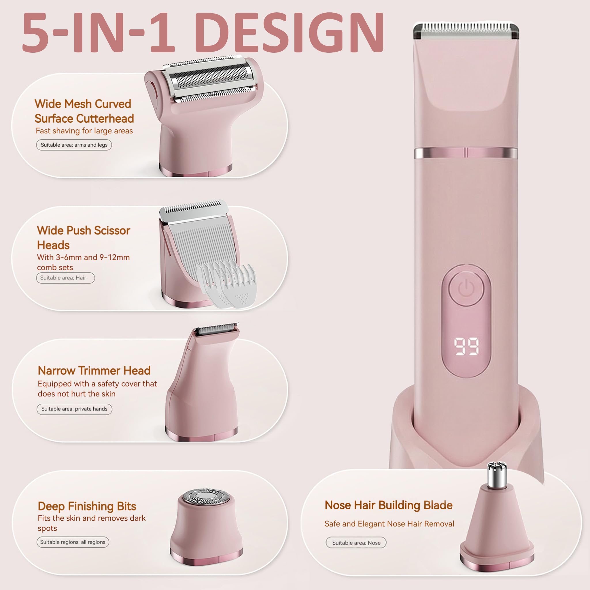 Dermave 2.0 Bikini Shaver for Women, 5-in-1 Portable Body Hair Trimmer, Ipx7 Waterproof Wet Dry Use, USB-C Rechargeable, Washable Grooming Kit with Storage Pouch