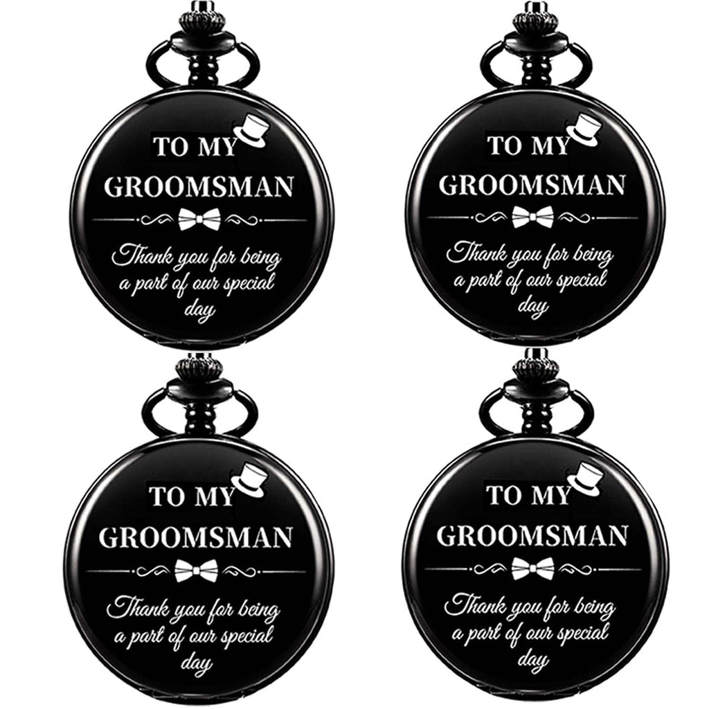 Afcrho Groomsmen Gifts Set of 4 Wedding Engraved Pocket Watch Best Man Roman Numerals Quartz Pocket Watch Wedding with Chain