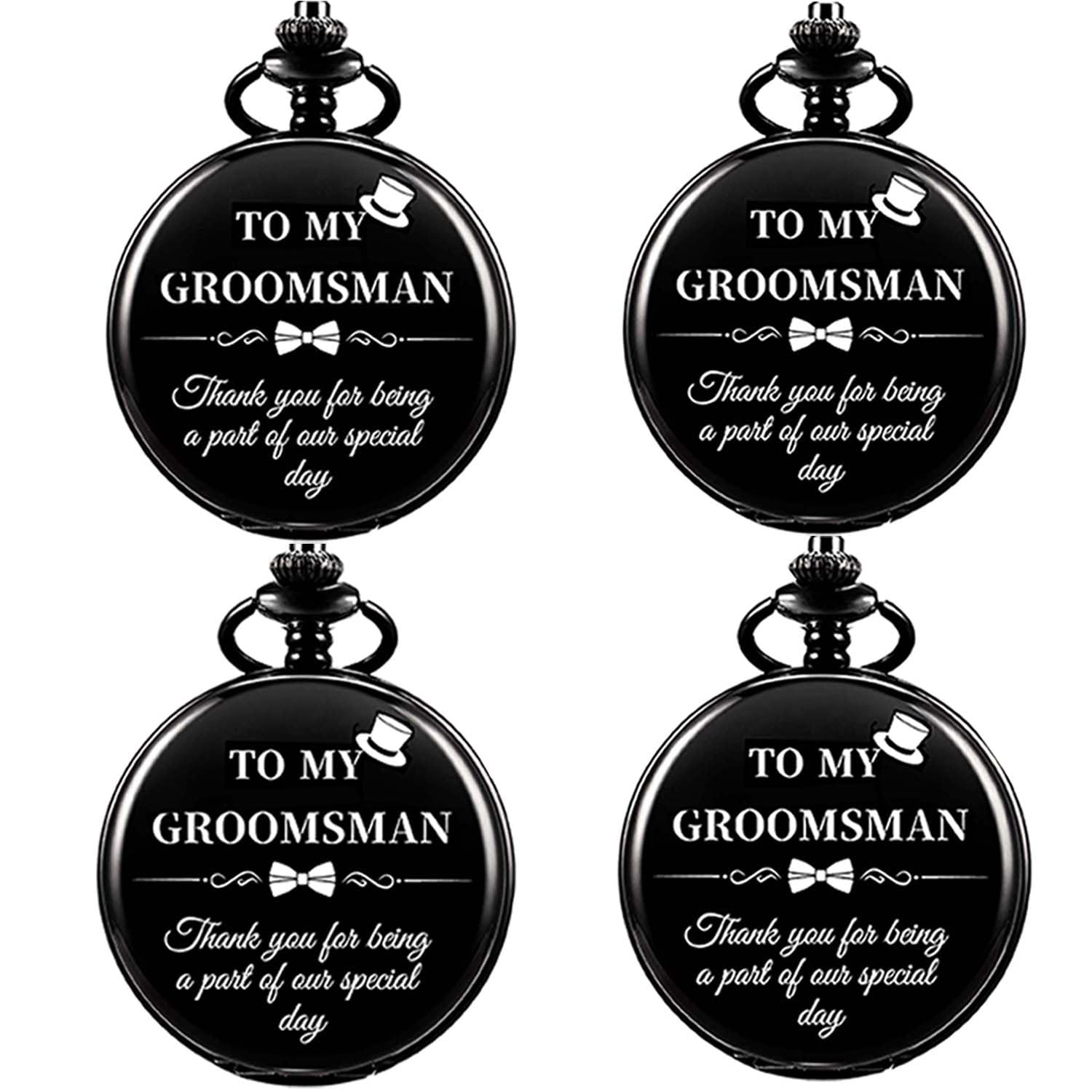 Afcrho Groomsmen Gifts Set of 4 Wedding Engraved Pocket Watch Best Man Roman Numerals Quartz Pocket Watch Wedding with Chain
