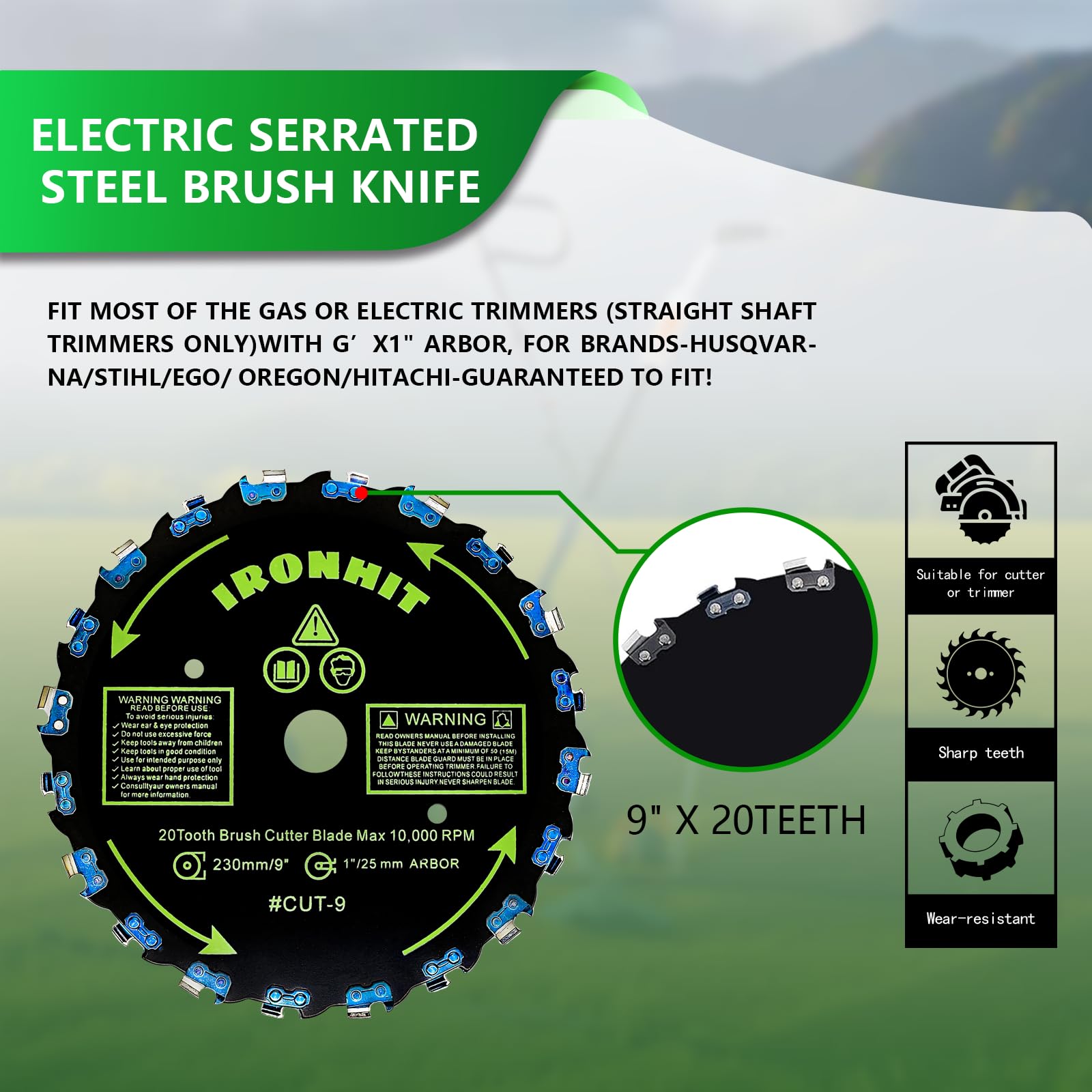 IRONHIT 9" x 20T Chainsaw Tooth Brush Cutter Blades, 9" x 36 Teeth Carbide Tipped Blades, 10" x 80T Carbide Tip Blades,Trimmer Blades,1'' / 2.54MM Arbor Size (3 Blades with Adaptor Kits)