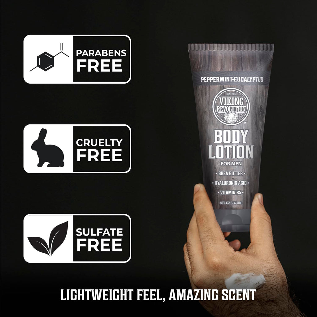 Viking Revolution Peppermint Eucalyptus Body Lotion for Men –Mens Lotion for Dry Skin with Shea Butter, Hyaluronic Acid and Vit B5 –Nourishing Mens Body Lotion for Hydrated and Smooth Skin(8oz,1 Pack)