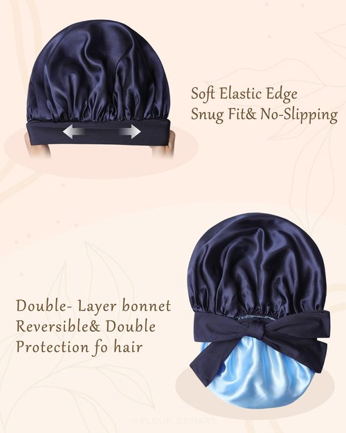 Reversible Satin Bonnet for Sleeping Women Silk Double Layer Hair Cap with 2PCS Scrunchies Elastic Tie Band Night Cap Wrap for Natural Curly Hair (Navy Blue + Light Blue)
