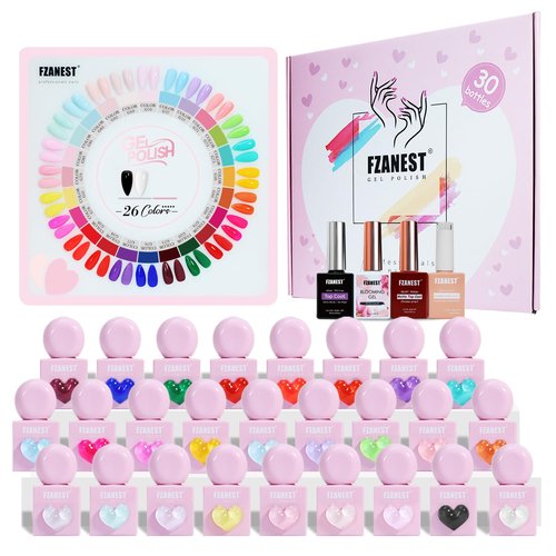 FZANEST 30pcs Gel Nail Polish Set, Professional HEAM-free TPO-free 10ml 26 Bright Colors DIY Gel Nail Set with Base Top Coat, Matte Top & Blooming – Pink Heart Shaped Bottles