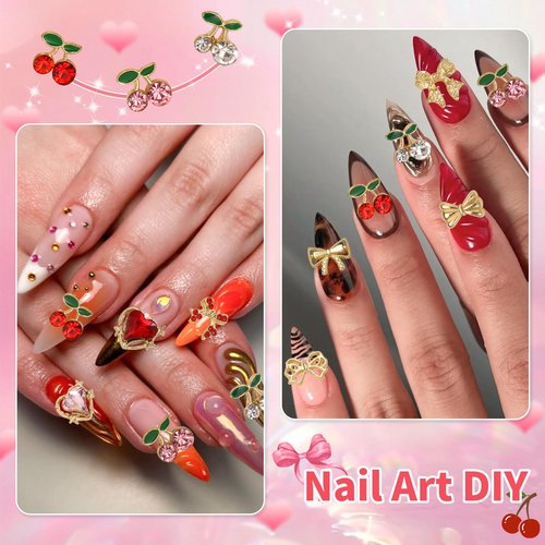 Tatiwoo 96 Pcs Gold Bows Nail Charms, Cherry Heart Bow Nail Rhinestones and Charms, Multi Shapes Golden Nails Bowknot Charm Gems for Nails Art Supplies