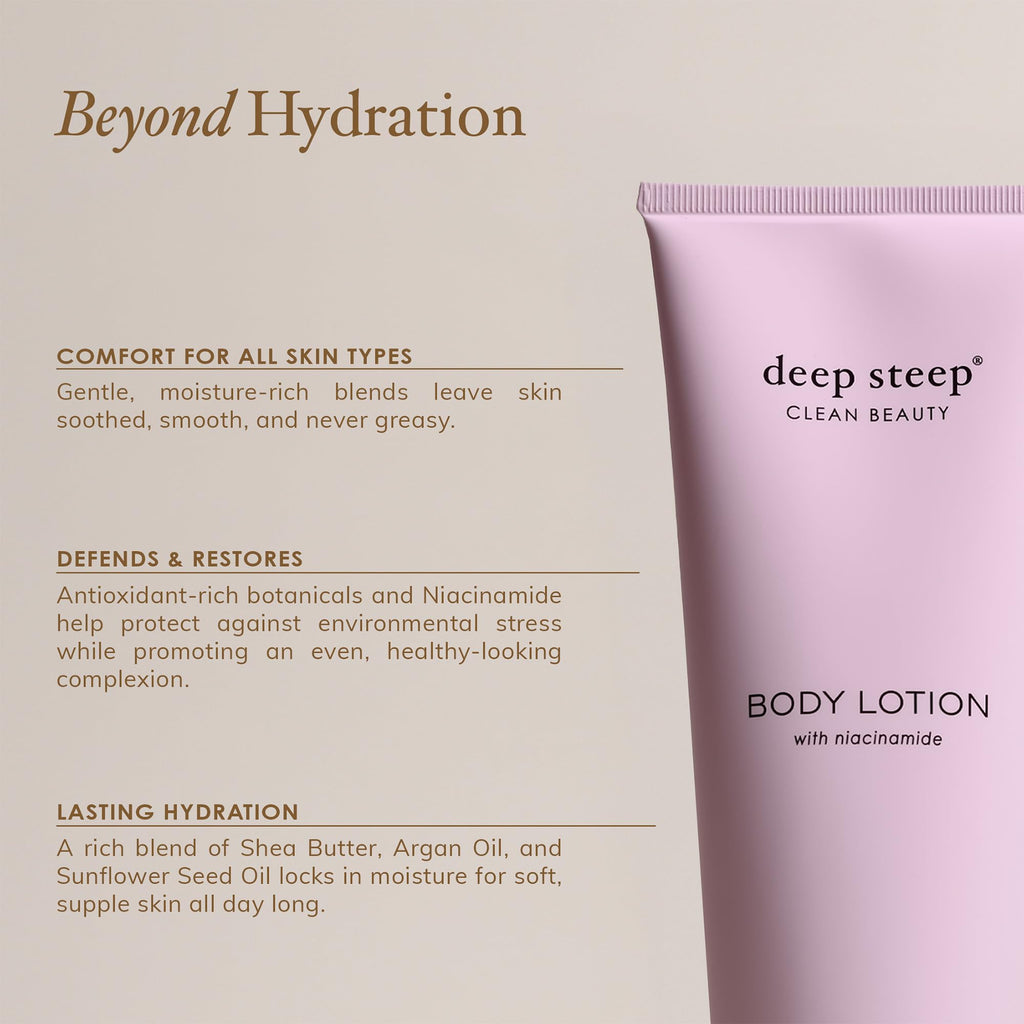 Deep Steep Body Lotion, Lavender Chamomile, 8 oz – Moisturizer with Coconut Oil, Shea Butter, Argan Oil, Aloe Vera & Niacinamide – Vegan, Clean Beauty, Daily Skin Hydration