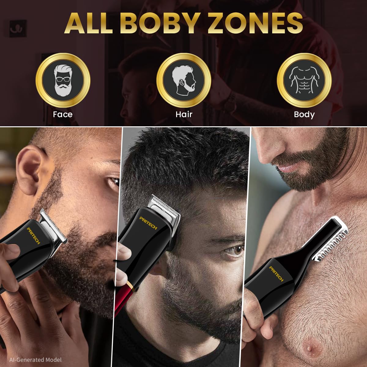 PRITECH Men's Grooming Kit, 6-in-1 Beard Trimmer & Hair Clipper, Cordless
