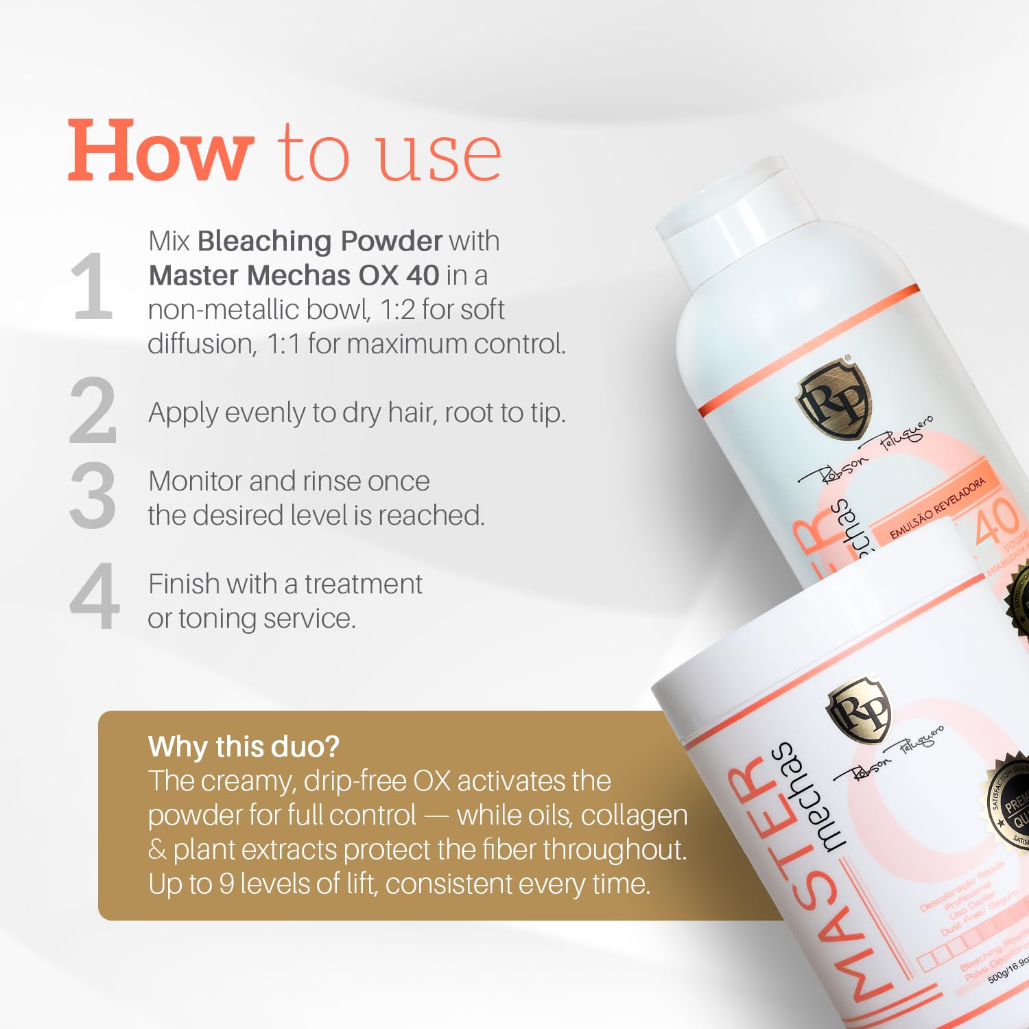 Robson Peluquero Master Mechas Professional Hair Bleach Kit – 500g Bleach Powder (3 units) +900mL OX 5 Volume Developer (3 units)| Highlights, Bleach Hair & All Lightening Techniques,Softening Agents