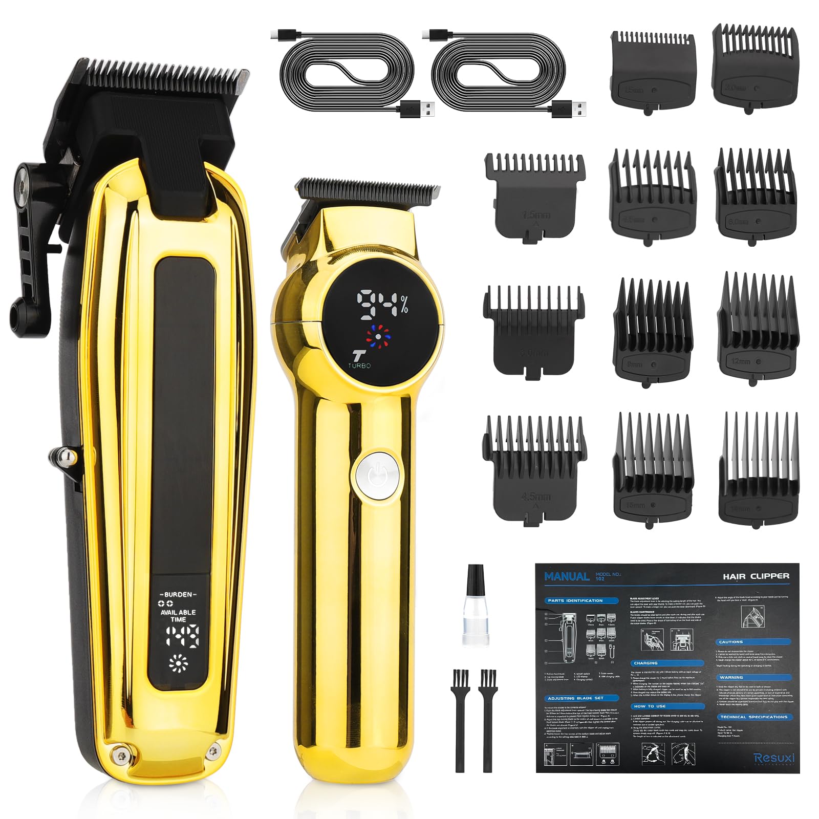 Beatslm Professional Men's Clippers and Trimmer Set, Barber Clippers, LED Display Hair Cutting Kit for Family, Gold