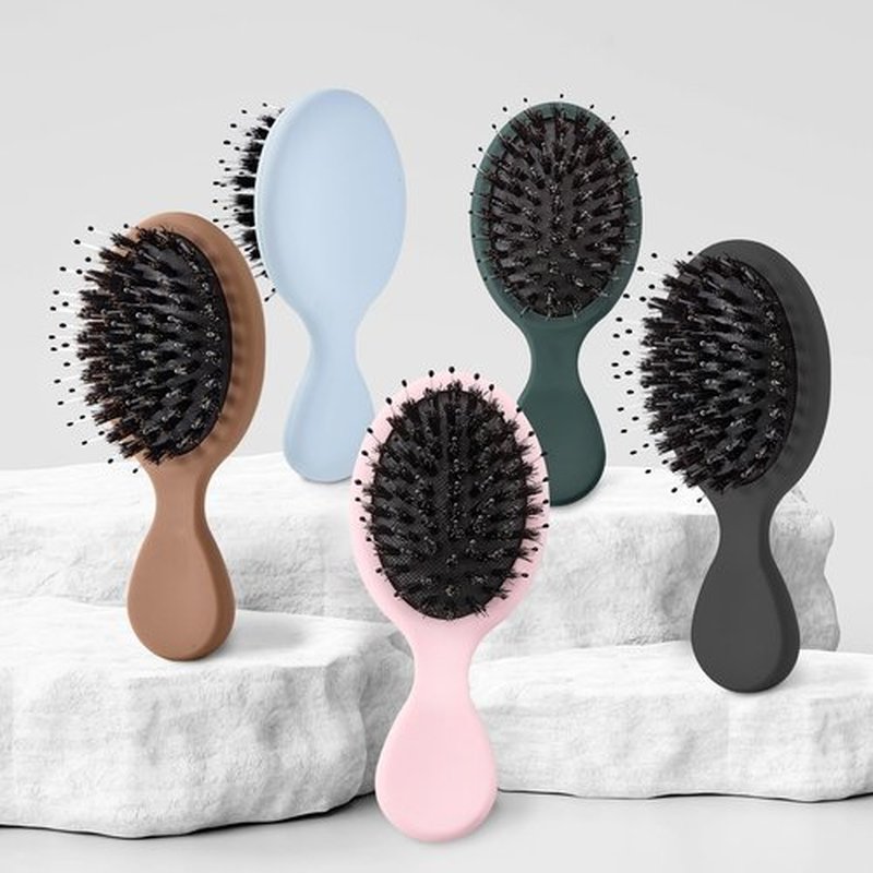 Jurrissa Mini Boar Bristles Hair Bursh, Travel Size Hair Brush for Women Men Kids, Protable Small Hair Brushes for Pockets Purses, Mini Hair Brush for Smooth Add Shine (1 Pack-Blue)