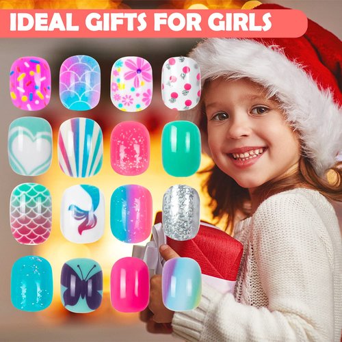 240 Pieces Press on Nails Girls Fake Nails for Kids Artificial Kids Press on Nails Full Cover Short Acrylic Stick On Nails False Nail Tips Kit for Children Little Girls Nail Art Decoration