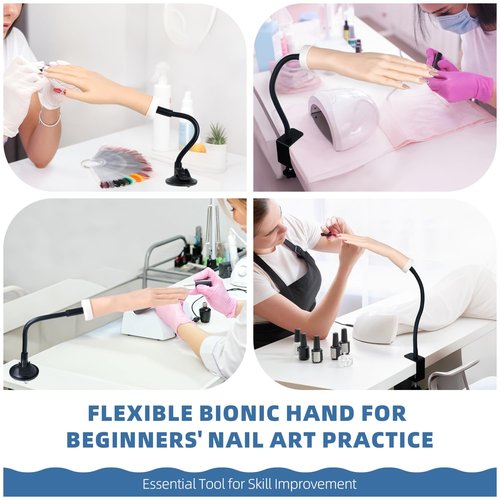 Practice Hand for Acrylic Nails, Flexible Bendable Fake Hand with Adjustable Stand, Nail Training Kit Mannequin Hand for Beginners & Nail Artists (Suction Cup Stand)