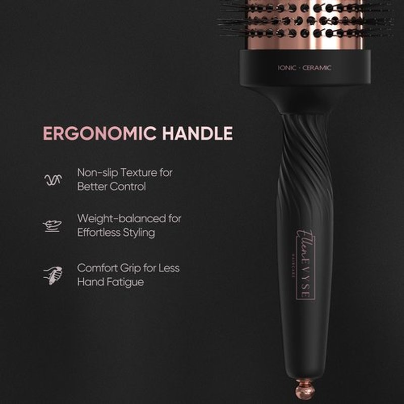 Ellen Evyse Round Brush for Blow Drying, Ceramic Coated Barrel for Volumizing & Shine, Lightweight Styling Brush for Straightening, Curling,with 4 Hair Clips (1.3inch&2.1inch)