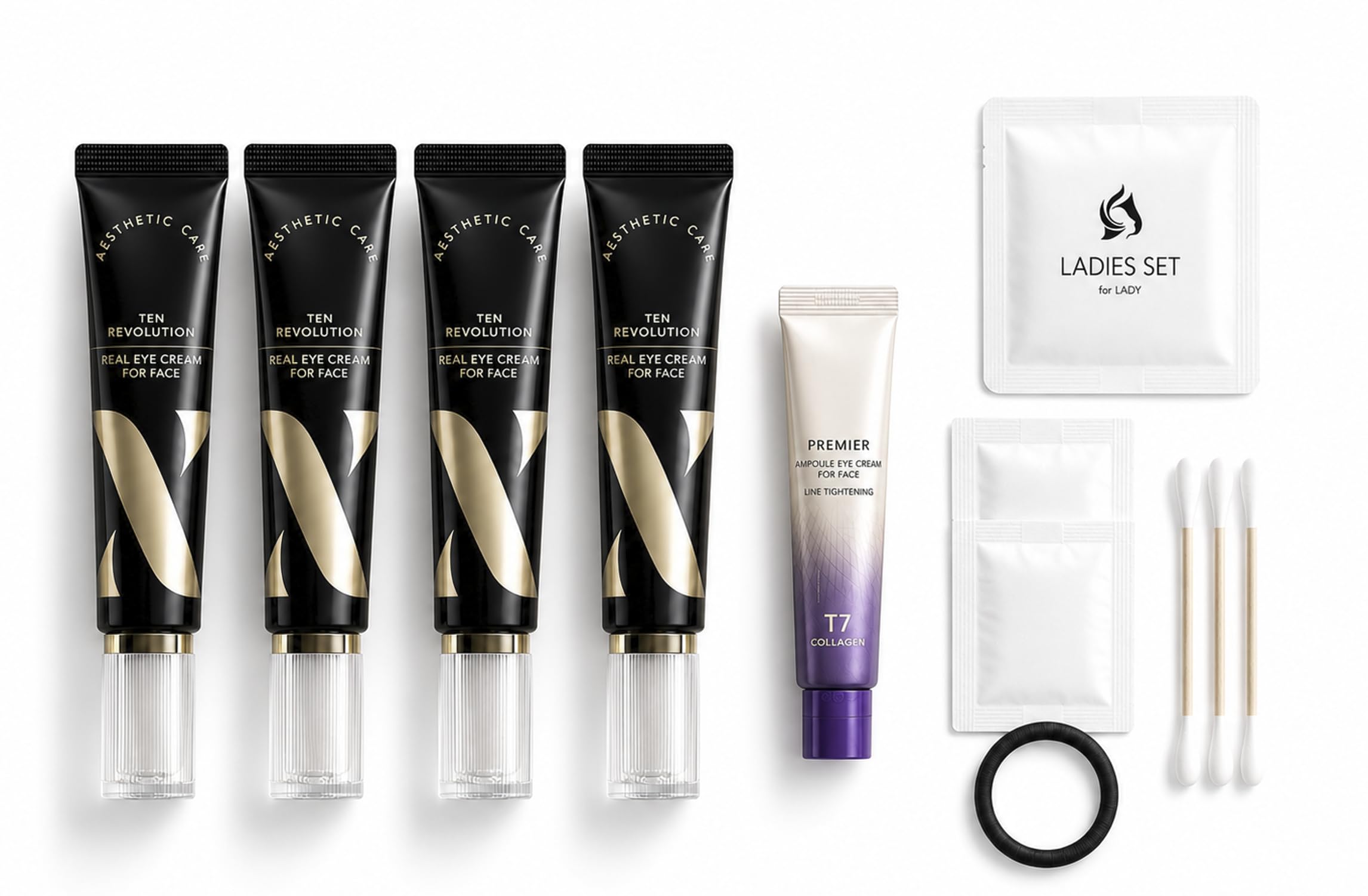 caincosmetic Season 10 TEN Revolution Eye Cream for Face, 30ml (1.01 fl.oz) (Pack of 4) + Eye cream 12ml + Cotton pads + hair tie cotton swab set