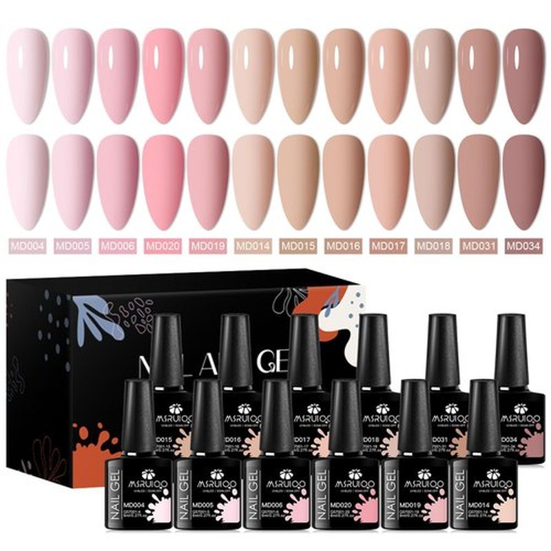 MSRUIOO Gel Nail Polish Kit Spring Nude Gel Polish Set 12 Colors Pink Skin Tones Collection Neutral Brown Soak Off Uv Led Lamp Gel Nail Kit DIY Nail Art Salon Home Gift 8ml