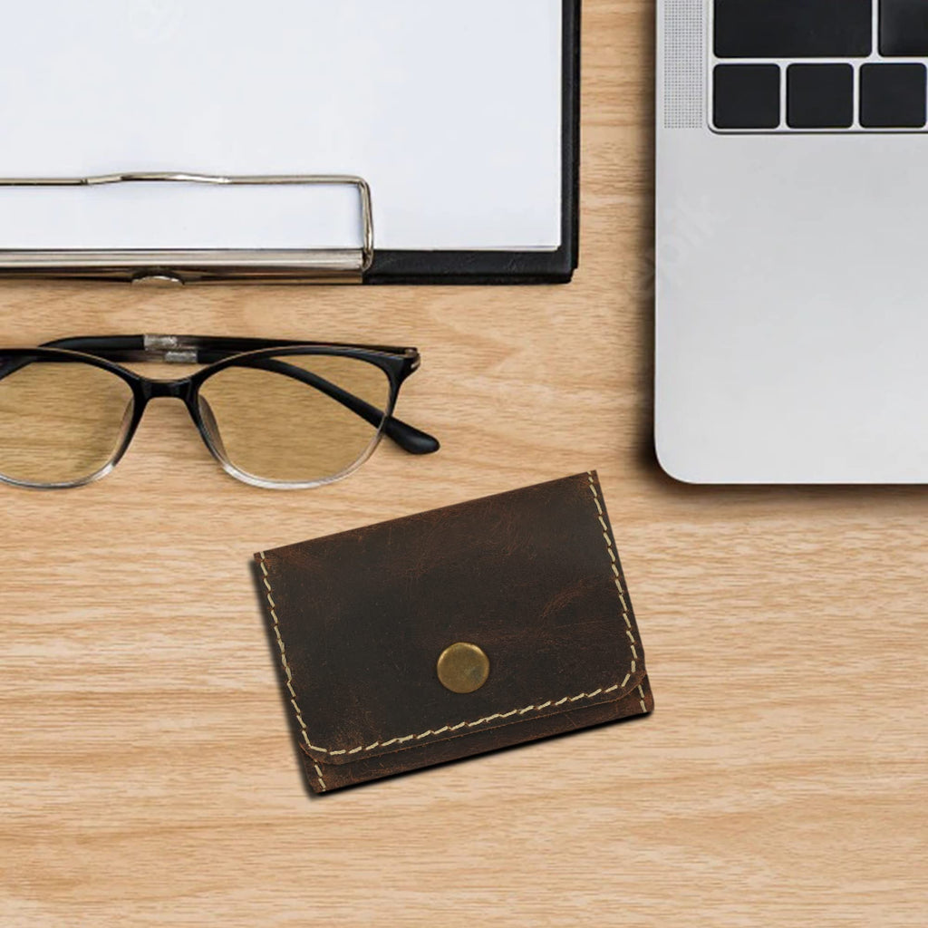 CestAntiQ, Leather Coin Pouch, Change Holder, Mini Pocket Wallet for Men & Women, Vintage Handmade Brown Leather with Antique Button Closure, Natural Threads, Compact Wallet for Coins & Small Items