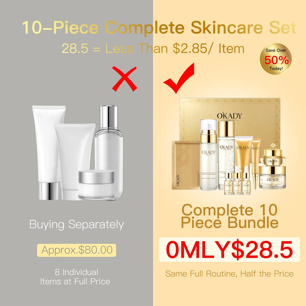 Anti-Aging Skincare Set for Women, 10-Piece Daily Facial Care Kit w/ Vitamin C & Peptides, Includes Cleanser, Toner, Serum, Eye Cream & Lotion, Vegan & Cruelty-Free, Birthday Gifts for Her/Mom/Wife