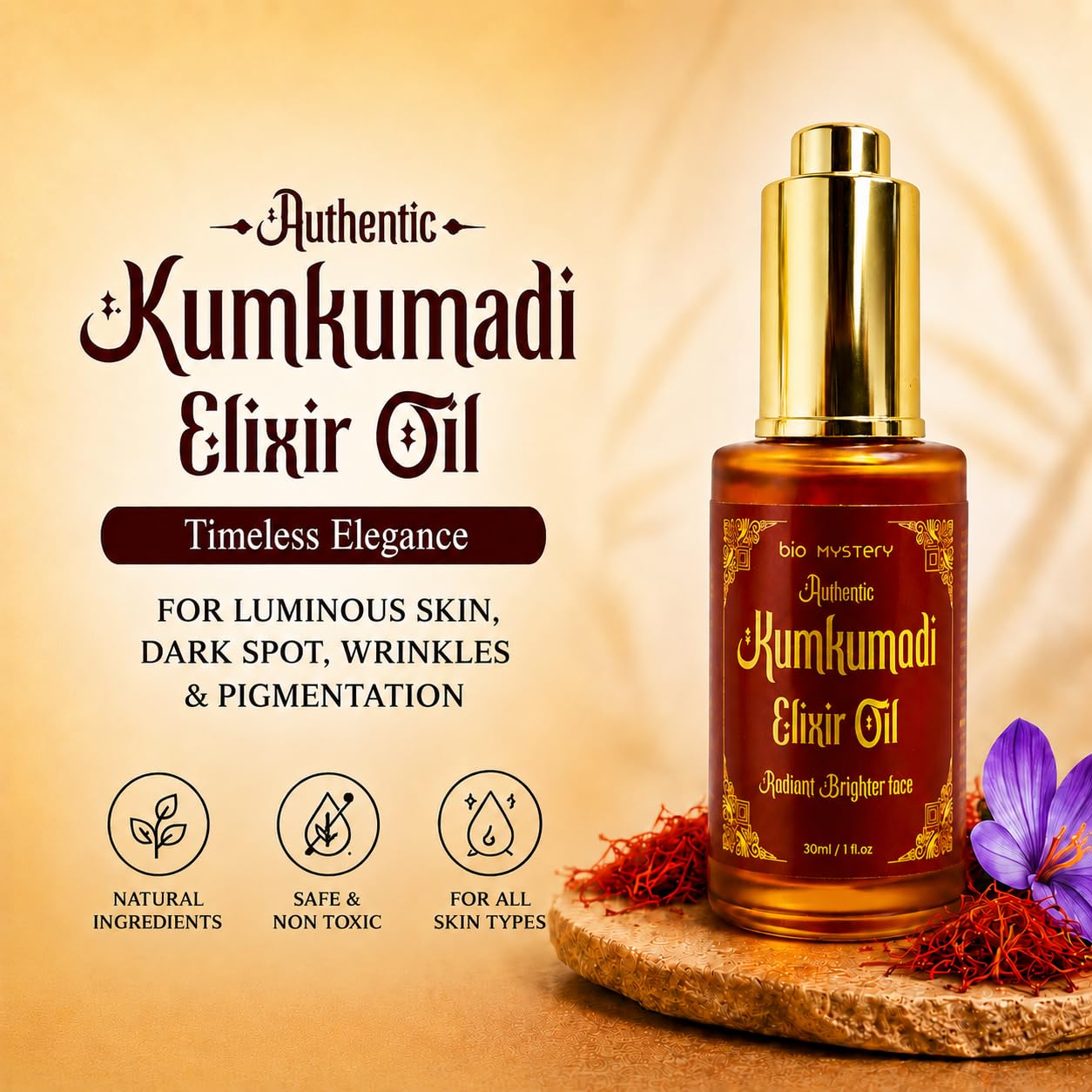 Bio Mystery Authentic Kumkumadi Elixir Oil, Rodiont Brighter Face Oil For Glowing Skin, Dark Spot Wrinkles and Pigmentation | Rich in Vitamin A & C | 30ml/1 floz