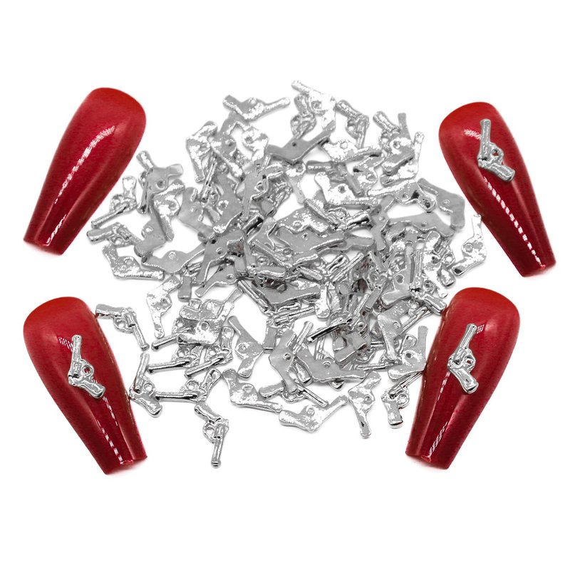 YECIRALA 100pcs 3D Gold & Silver Guns Nail Charms Kit