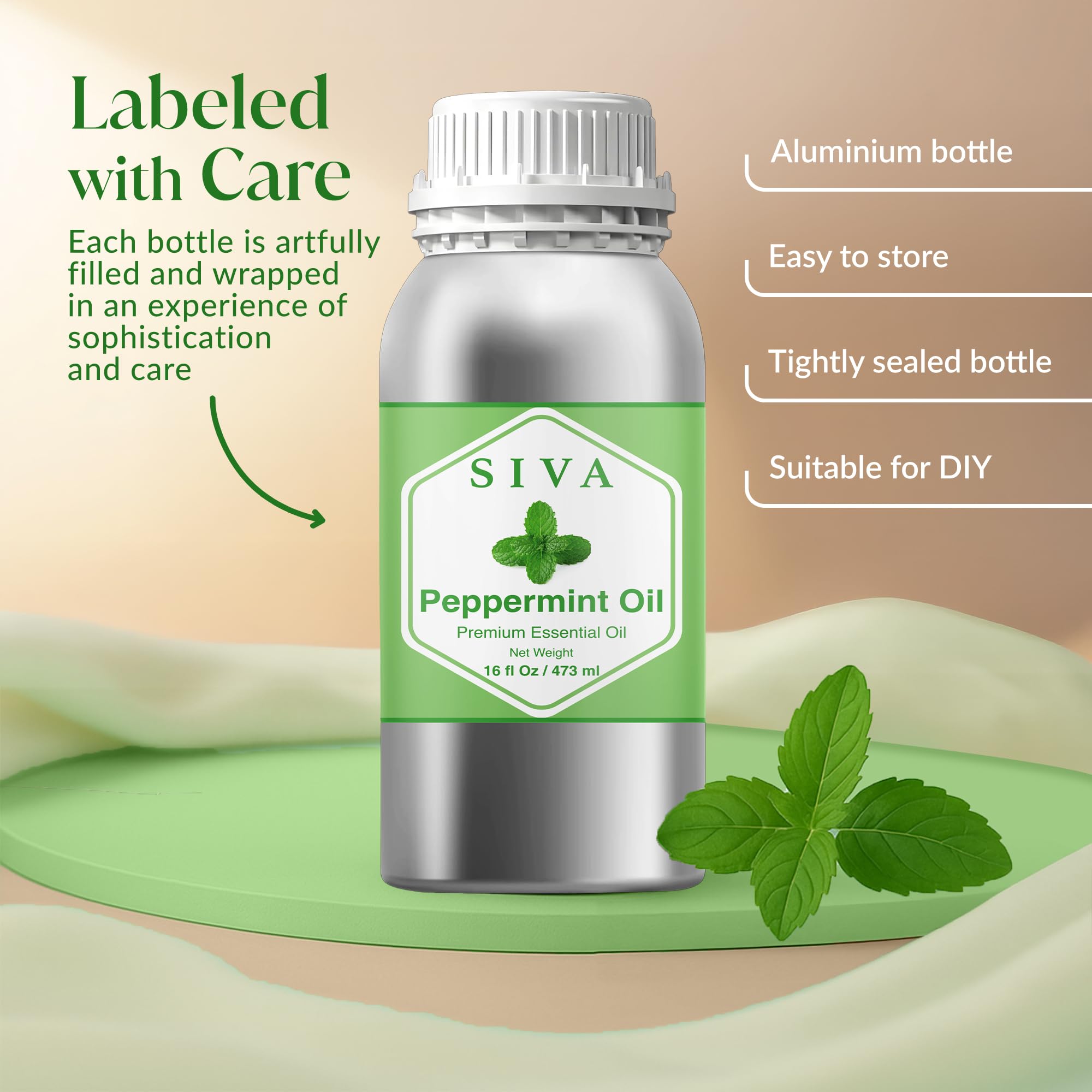 Siva Peppermint Essential Oil 16 Fl Oz – for Diffuser, Skin & Hair Care – Ideal for Aromatherapy, Massage & DIY Blends