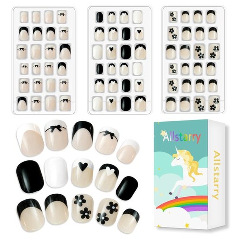 Allstarry 72pcs 3 pack Children Nails Press on Pre-glue Full Cover Kids French Tip Press on Nails Short False Nail Kits Lovely Gift for Children Little Girls Nail Art Decoration - Romantic French
