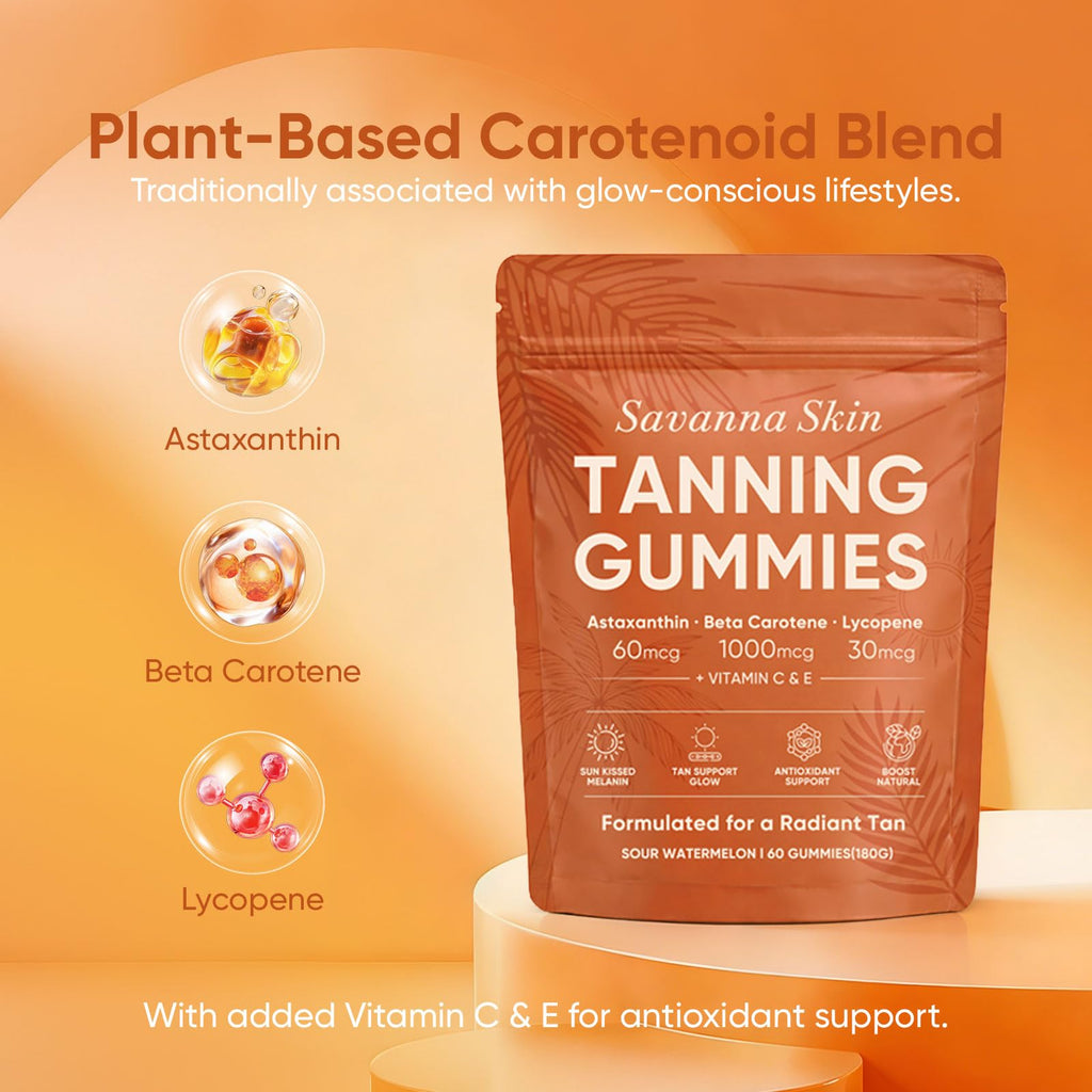 Boaccy Savanna Skin Tanning Gummies, Astaxanthin, Beta Carotene & Lycopene Blend with Vitamins C & E, Radiant Healthy Skin, Sour Watermelon Flavor, Vegan & Sugar-Free, 60 Count