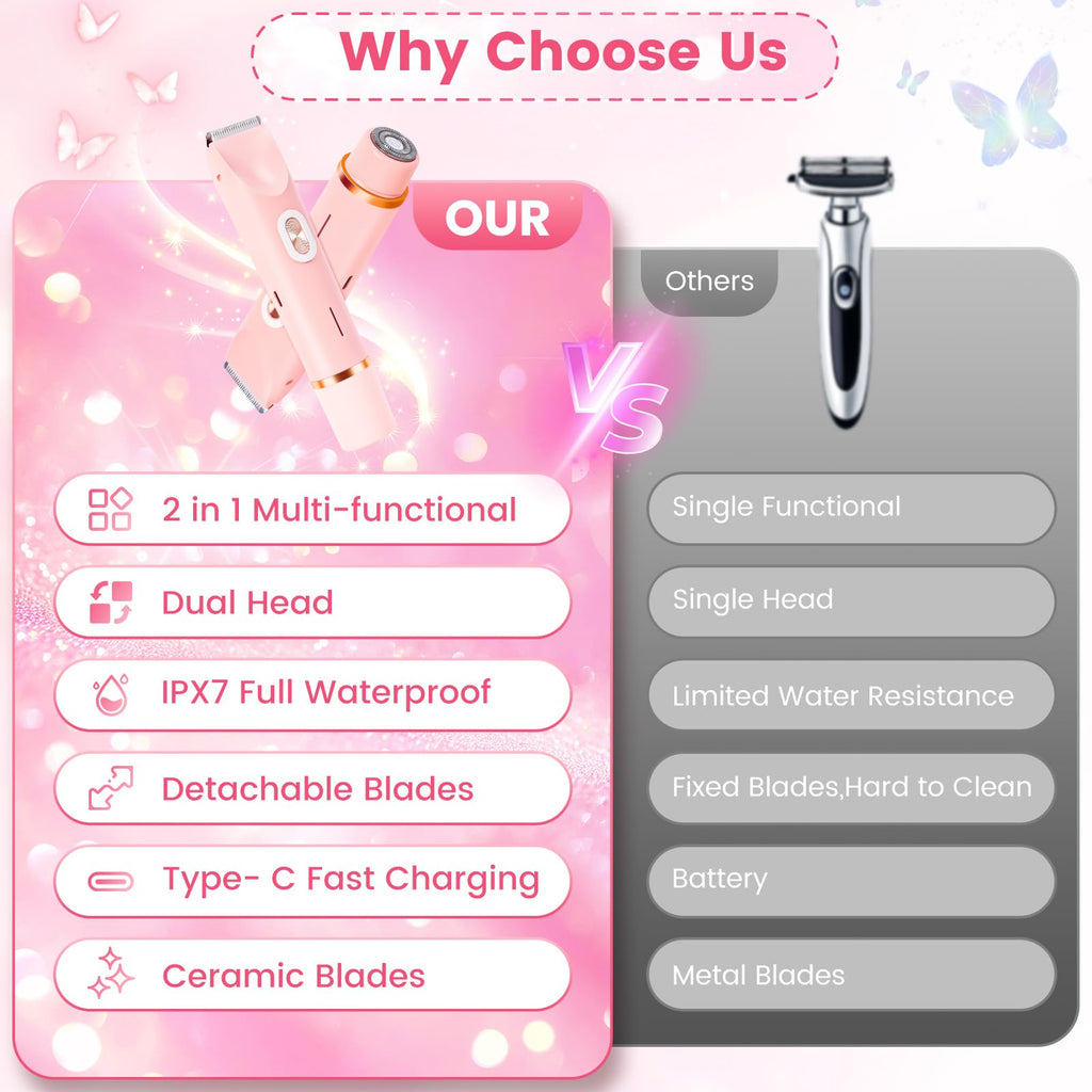 2 in 1 Bikini Trimmer for Women, Dual Head Electric Shaver, IPX7 Waterproof Wet & Dry Ceramic Blade Razors for Pubic Hair, Bikini Line, Legs, Underarms, Face, USB-C Rechargeable, Self-Care Gift, Pink