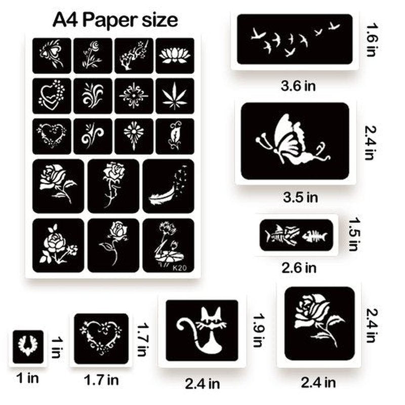 ChurlChurl 20 Sheets Temporary Tattoo Stencils, 622+pcs Henna Tattoo Stencil Kit for Face Body Paint DIY Art Reusable Glitter Tattoo Stencils Pack