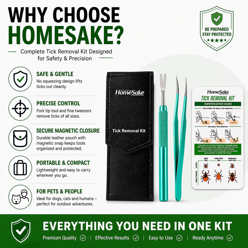 Homesake Tick Remover Tool for Dogs, Cats & Humans | Deer Tick Remover Kit | Stainless Steel Tick Removal Tool with Fine Tip Tweezers | Removes Entire Tick Head & Body | Pouch & ID Card