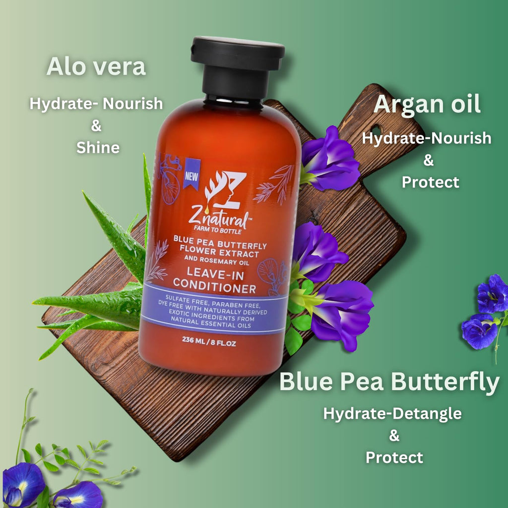 Z’Natural Leave-In Conditioner for Curly Hair - Deep Moisture & Detangling - Natural Blue Pea, Aloe Vera & Argan Oil - Sulfate & Paraben Free - 236ml