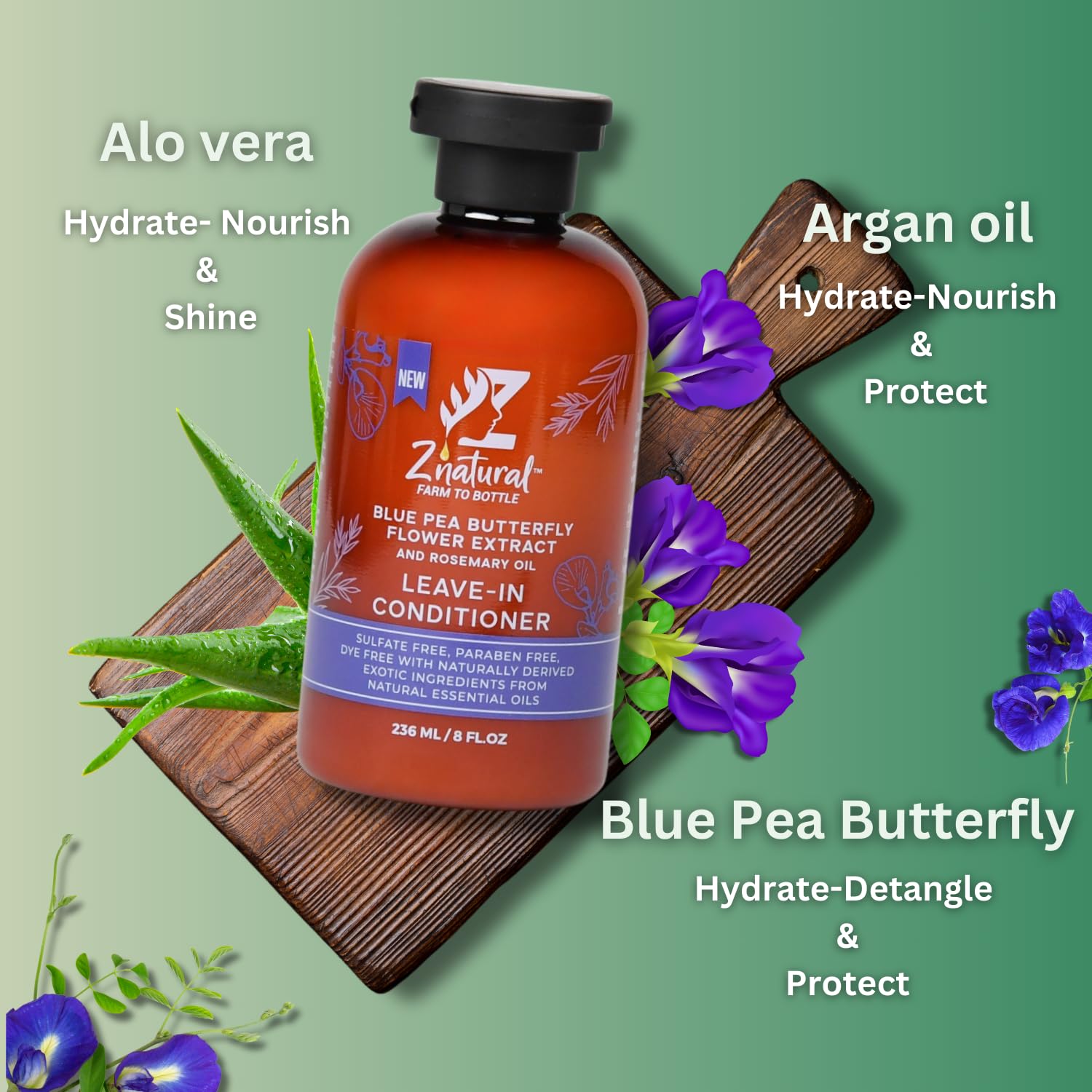Z’Natural Leave-In Conditioner for Curly Hair - Deep Moisture & Detangling - Natural Blue Pea, Aloe Vera & Argan Oil - Sulfate & Paraben Free - 236ml