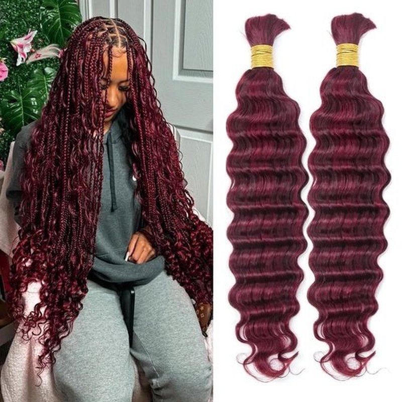99J Burgundy Human Braiding Hair Deep Wave Boho Braids Human Hair Wet and Wave Bohemian Ginger Curly Knotless Braiding Hair Extension 2 Bundles 105g