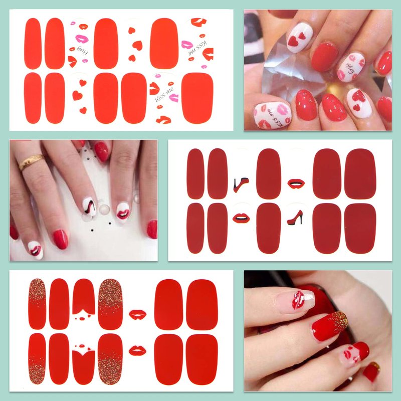 WOKOTO 16 Sheets Nail Polish Strips with Nail File Valentines Day Nail Stickers Full Nail Wraps for Acrylich Nails Heart Shapes Gel Nail Strips Stickers for Nails Self-Adhesive Nail Polish Stickers