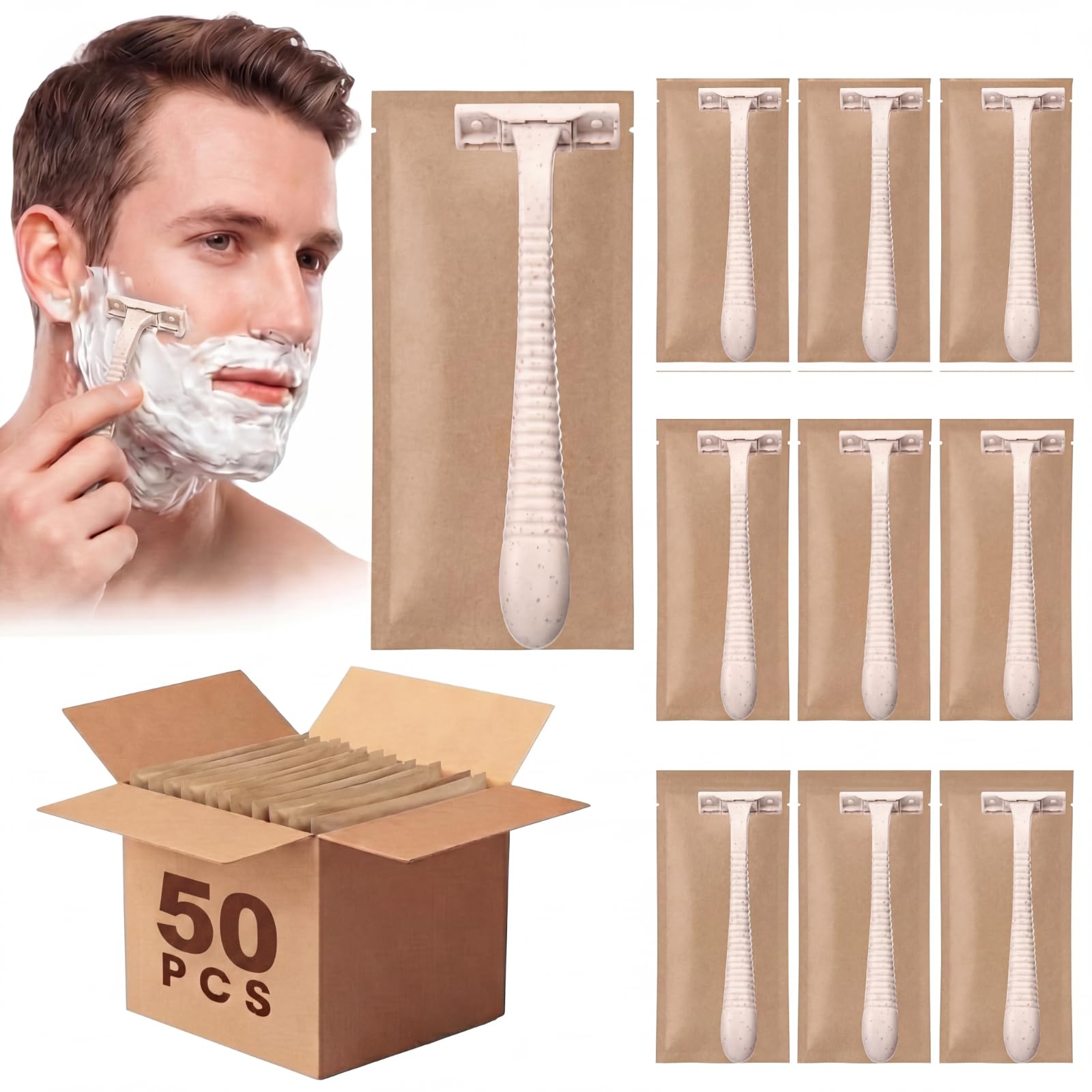 LemonRoad 50 Pcs Individually Wrapped Disposable Razors Bulk for Women Men Biodegradable Portable Twin Blade Shaving Razor Wheat Straw Shavers for Hotel Homeless Shelter Charity Camping Travel