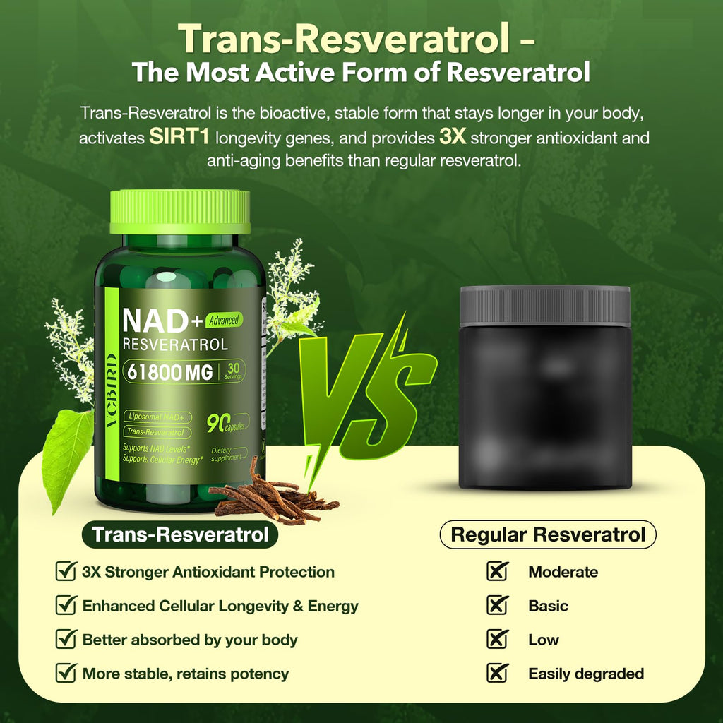 Nad Resveratrol Supplement 1200mg Per Serving – Liposomal Nad+ Resveratrol for Women & Men – High Purity 1200mg Nad+ Supplement for Energy & Healthy Aging, Resveratrol, Quercetin, CoQ10 – 90 Counts
