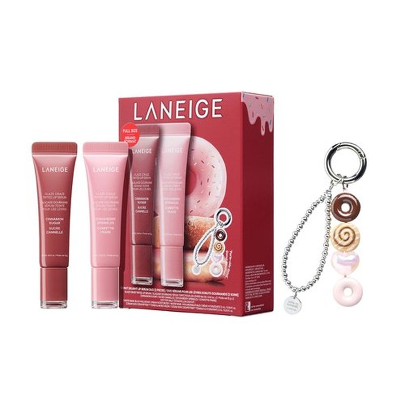 LANEIGE Glaze Craze Donut Delight Lip Serum Duo | Laneige Hydrating Tinted Lip Serums & Donut Keychain | K-Beauty Set for Glossy, Plump Lips