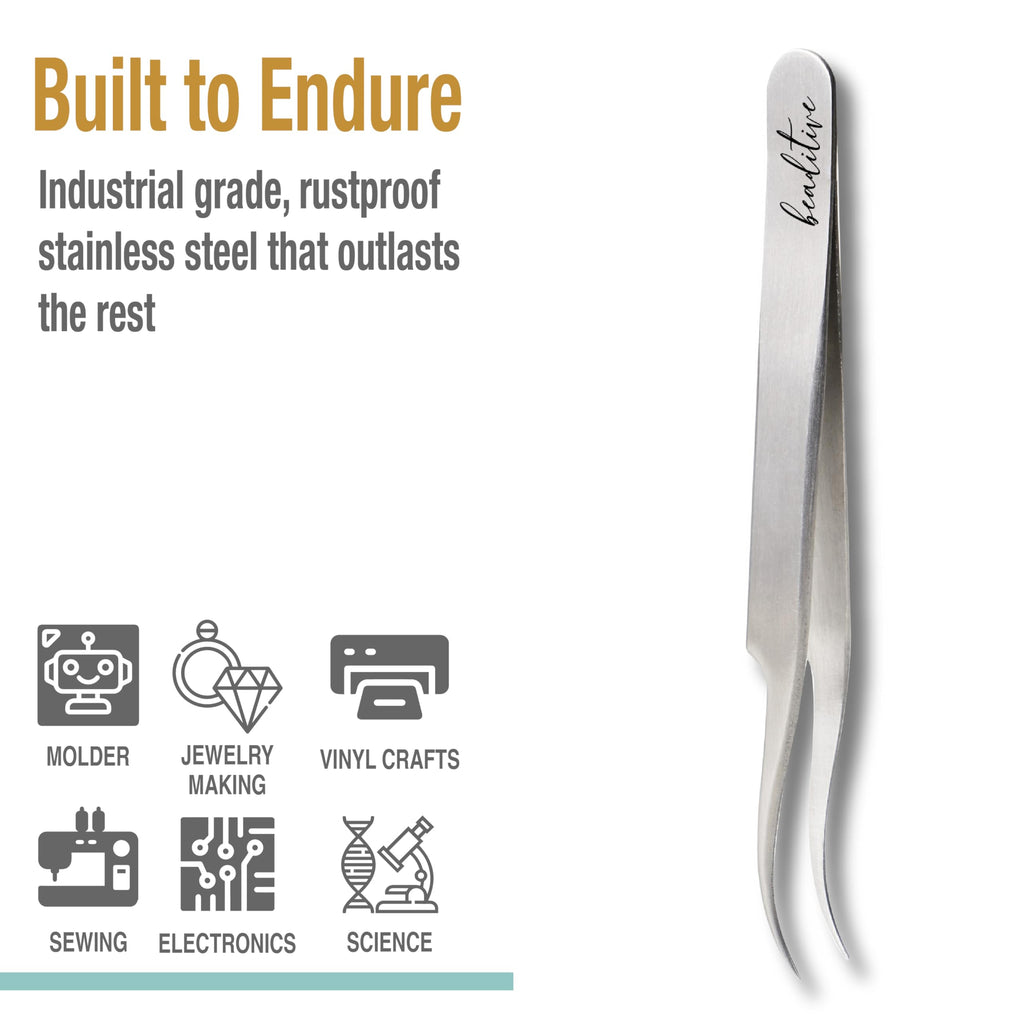 Beaditive High Precision Curved Tip Tweezers 3 Pack - 4.5" Craft Tweezers for Sewing, Beading & DIY Crafts - Non-Serrated Jewelry Tweezer Set with Fine Curved Tips - Stainless Steel Hobby Tweezers