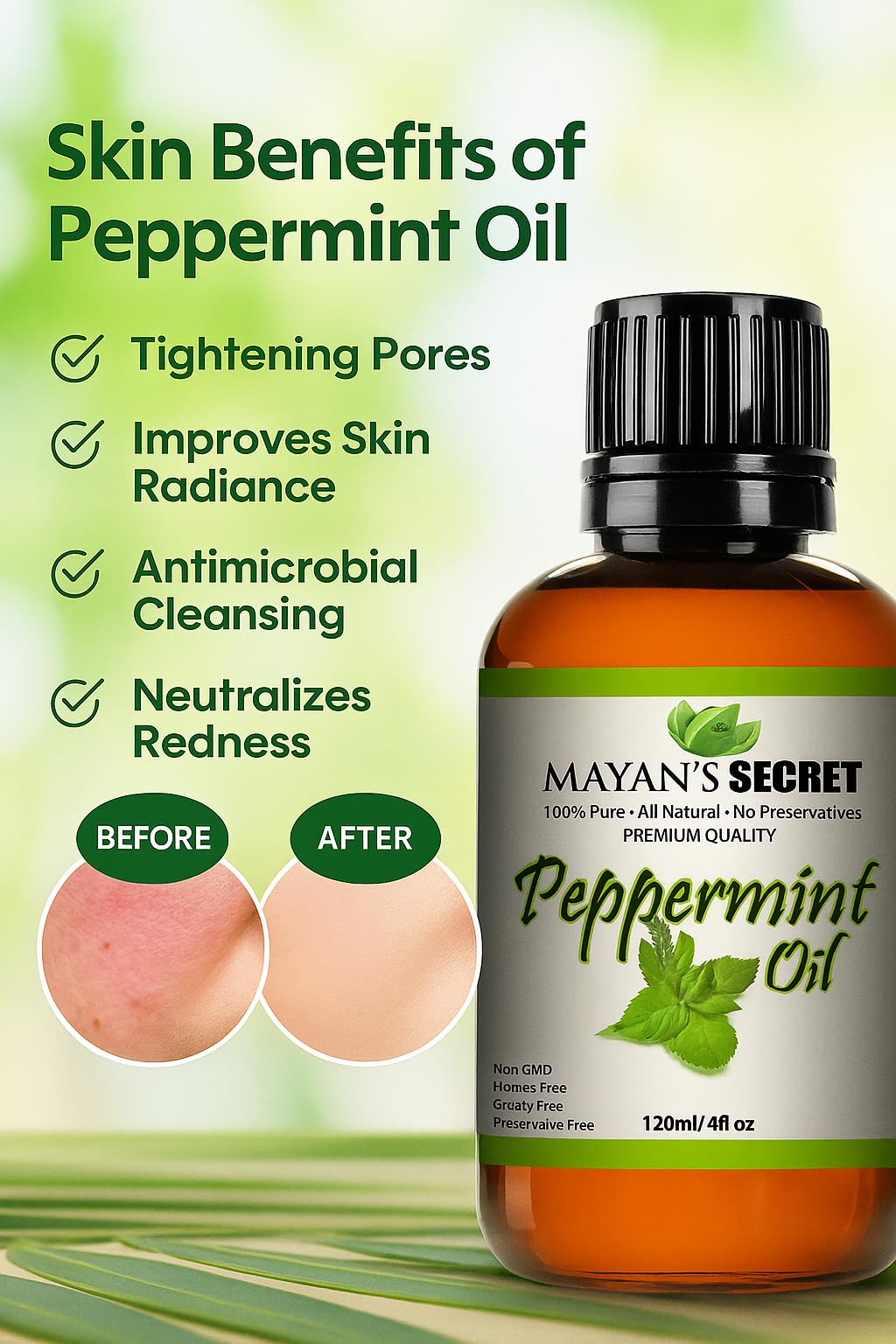 Pure Carrier and Essential Oils for Skin Care, Hair, Body Moisturizer for Face-Anti Aging Skin Care (Peppermint Oil, 4oz)