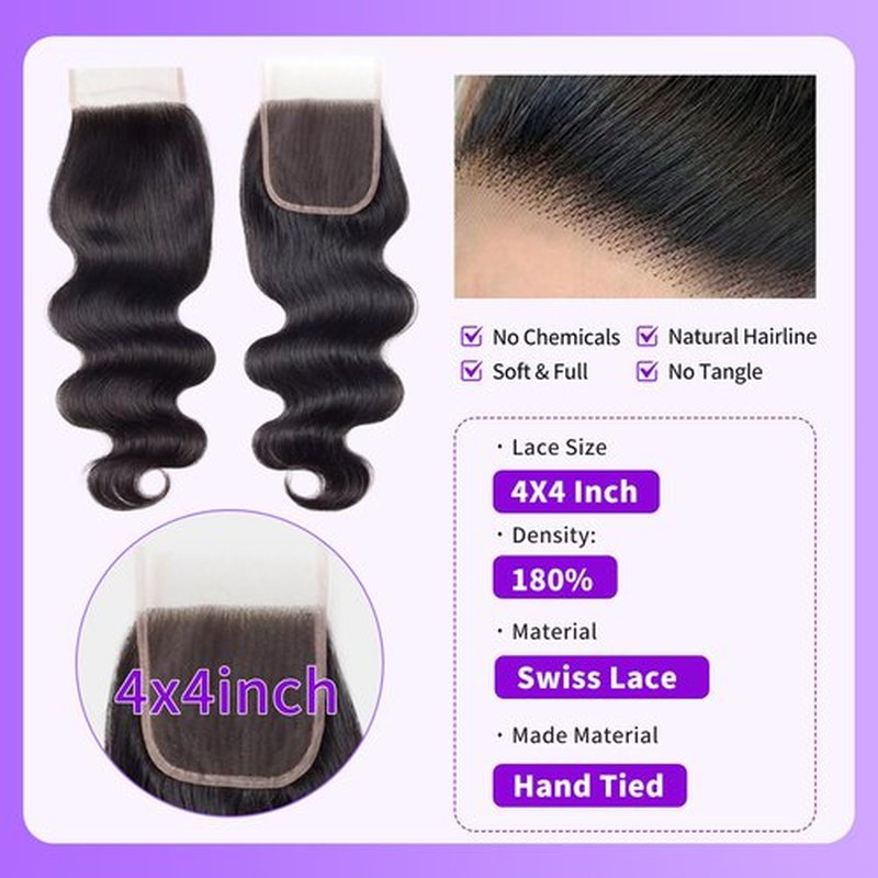 DDODLA Body Wave Bundles with Closure Human Hair 18 20 22 24 + 16 Inch Brazilian Human Hair 3 Bundles with 4x4 HD Lace Closure Part 12A Grade 100% Unprocessed Virgin Hair