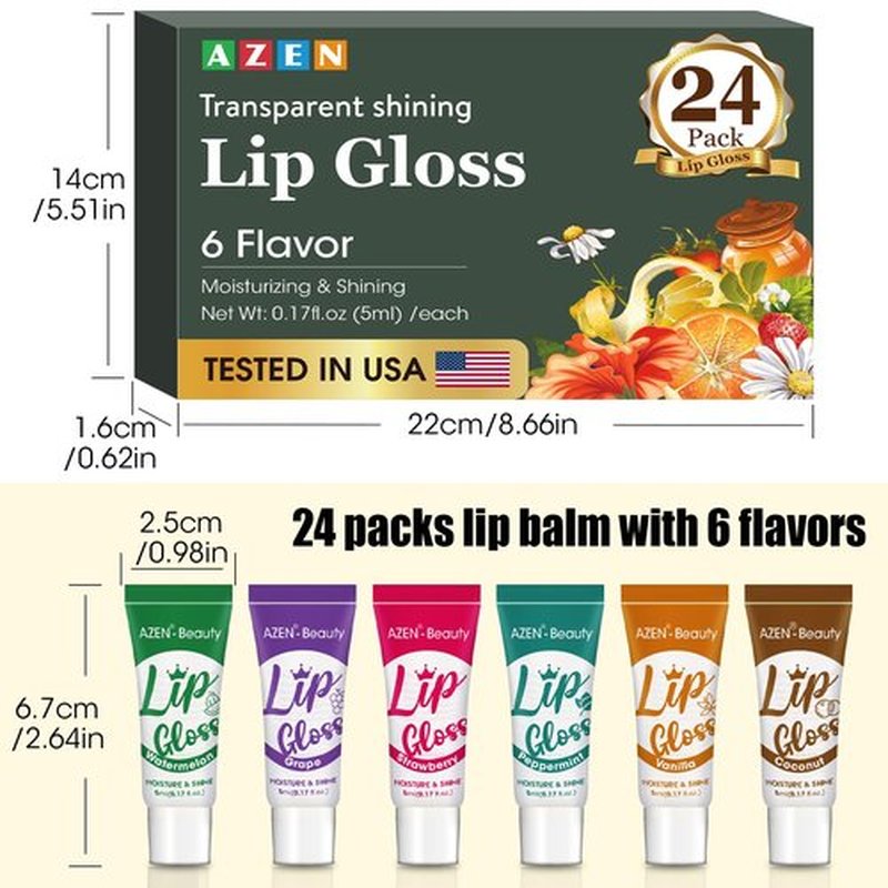 AZEN 24 Pack Lip Gloss Set, Clear Lip Gloss Bulk, Lip Oil for Dry Cracked Lips Moisturizing Hydrating Nourishing with Vitamin E, Valentines Gifts Easter Basket Stuffers