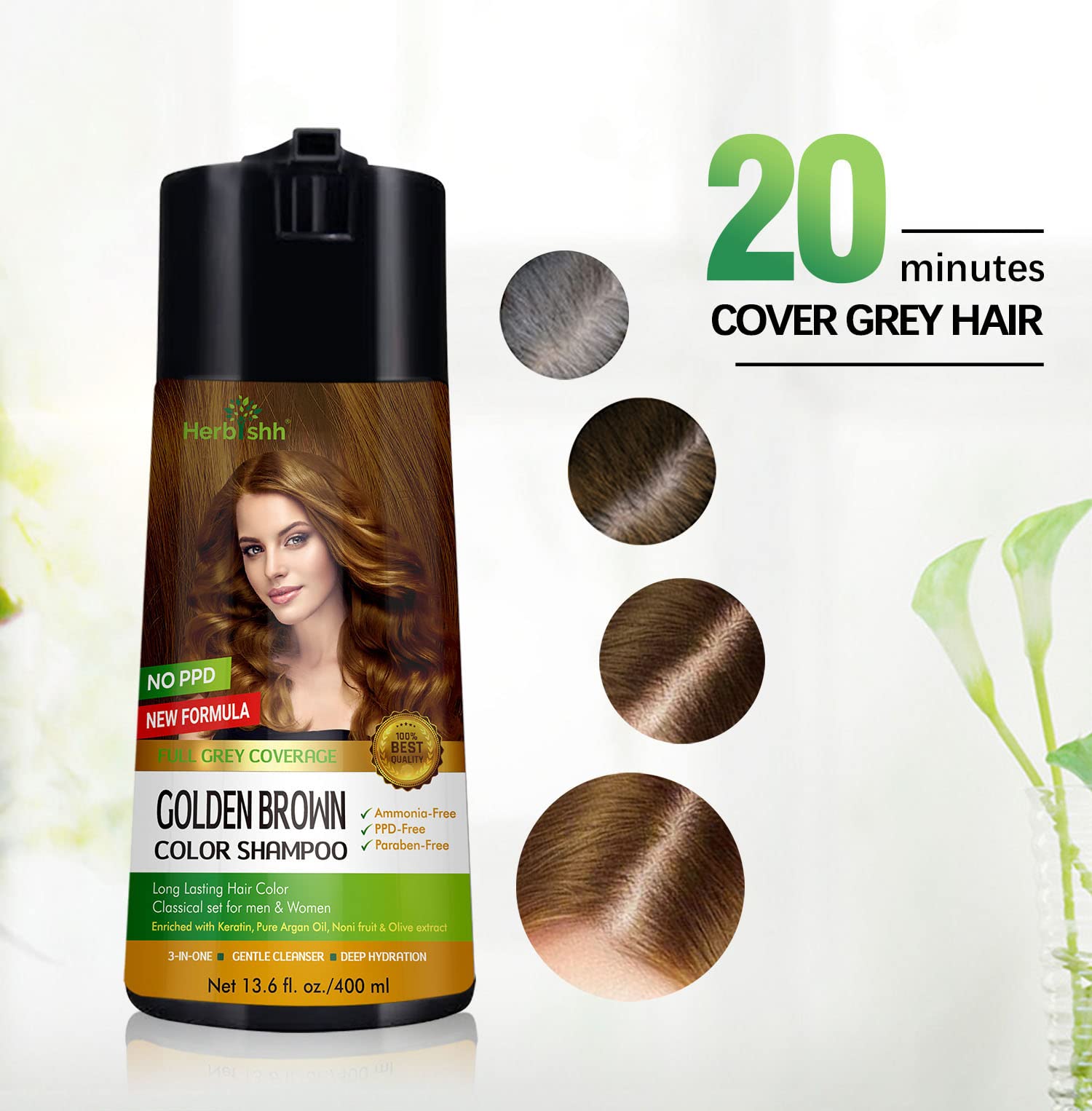 Herbishh Color Enriched Shampoo for Gray Hair - Long Lasting Hair Dye Formula and Conditioner (Golden Brown)