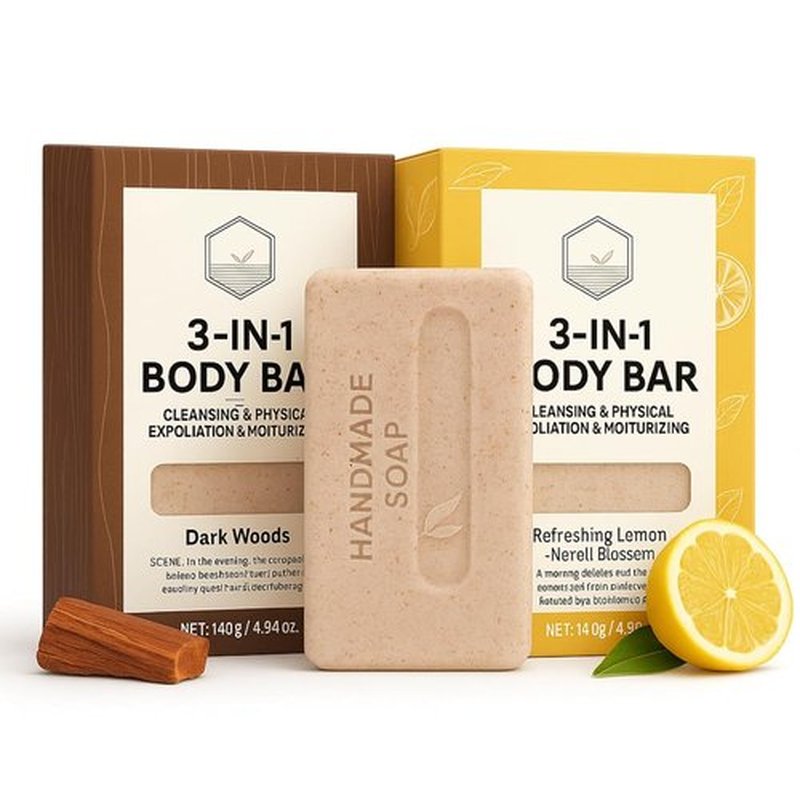 Men’s 3-in-1 Summer Body Bar Soap – 2 Pack Exfoliating, Cleansing & Moisturizing | Shea Butter + Oat Kernel | Handmade Natural Soap for Back & Body (2, Sandalwood & Lemon Scents)