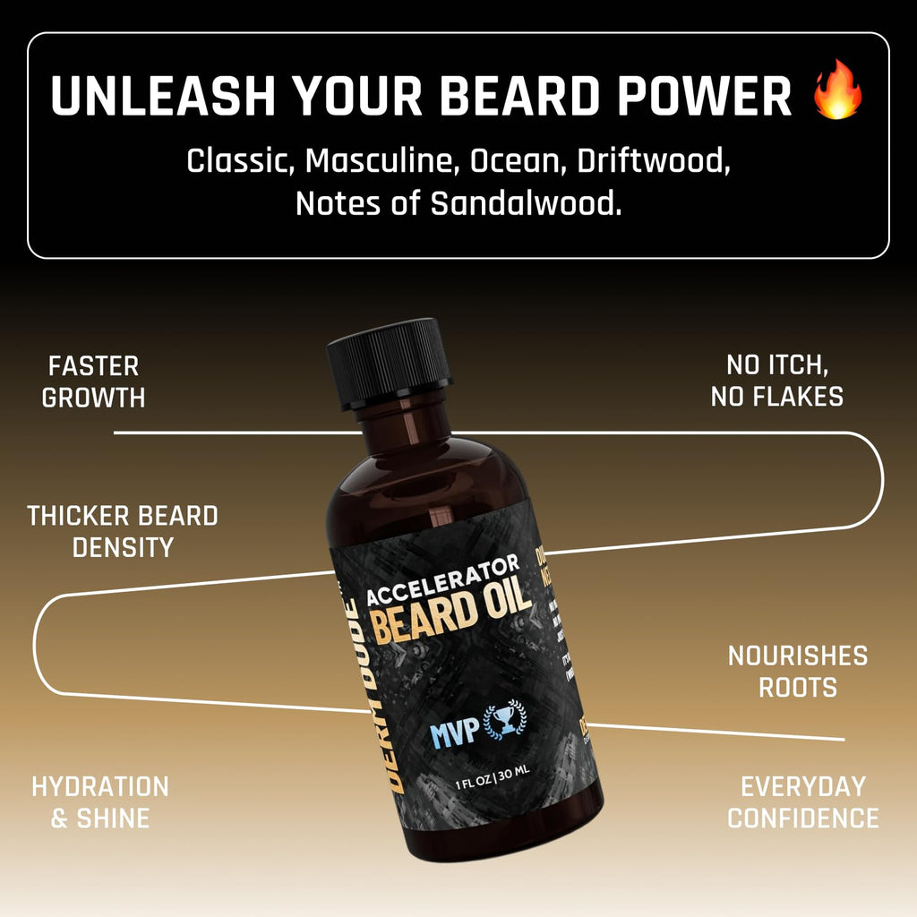Derm Dude Accelerator Beard Growth Oil for Men | With Castor Oil & Jojoba Oil for Hair Growth | Promotes Thicker Fuller Beard | Hydrate & Soften Facial Hair, Non-Greasy - MVP 1oz