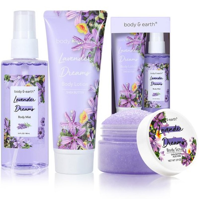 BODY & EARTH Body Mist Gift Set - Spa Gifts for Women, Perfume, Body Lotion, and Body Scrub in a Lavender Dreams Box- Perfect Birthday Gifts for Moms, and Special Occasions,Unique Gift Ideas for Her