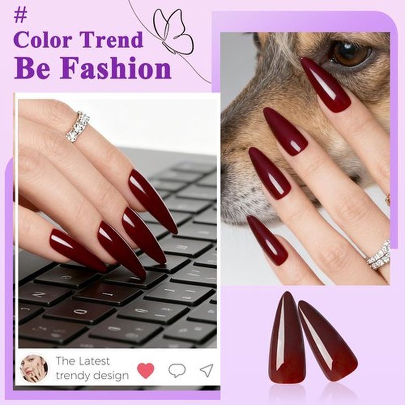 144pc Burgundy Press on Nails Long Stiletto Fake Nails with Glue Tabs, Wine Red Nails Press ons Nails Stiletto Glue on Nail Pointy Acrylic Nails Stick False Artificial Fingernail for Women Girls