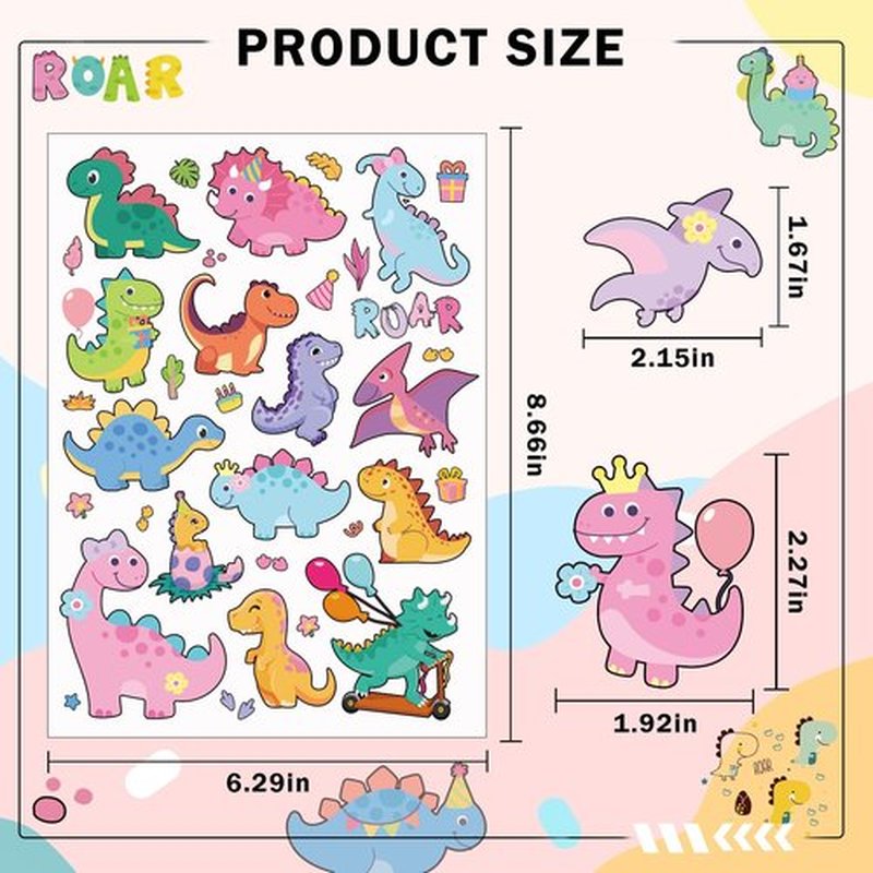 Three Rex Dinosaur Temporary Tattoos - 6 Sheets 180 Pcs Pink 3rd Birthday Decorations Cute Cartoon T-rex Tattoo Stickers for Dino Party Favors Decor Supplies
