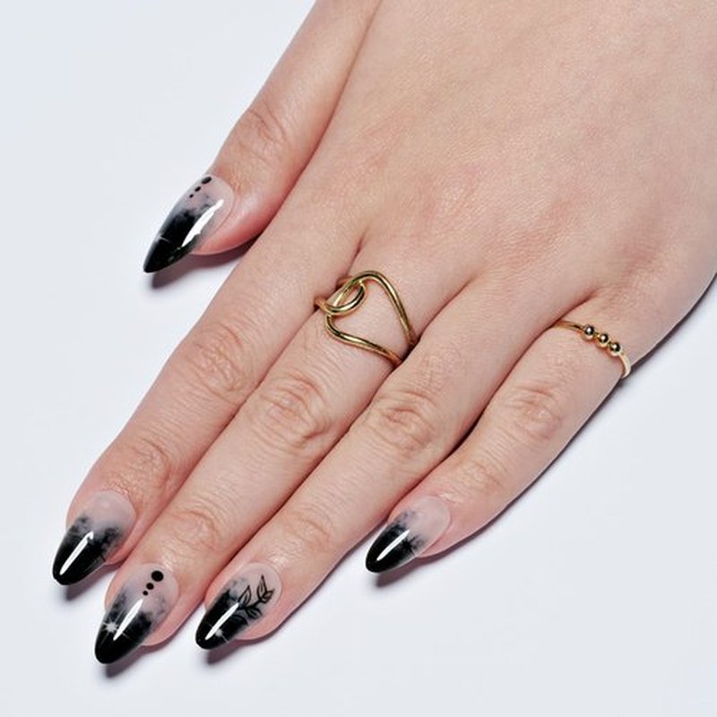 GLAMERMAID Press on Nails Medium Almond, Gothic Black Ombre French Tip Gel Glue on Nail, Glossy Short Stiletto Reusable UV Finish Fake Nails Acrylic False Nails Manicure Kits for Women