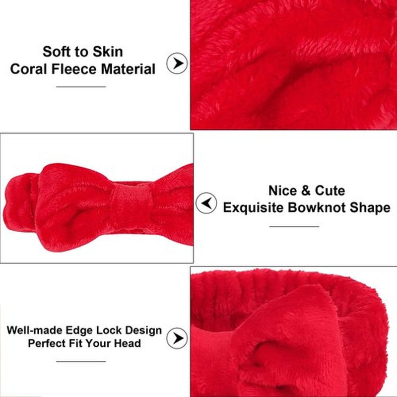 Casoty 6 Pcs Red Spa Headbands, Skin Care Headband, Soft Coral Fleece Makeup Hair band, Bow Hair Band for Face Washing Shower Skin Care Yoga