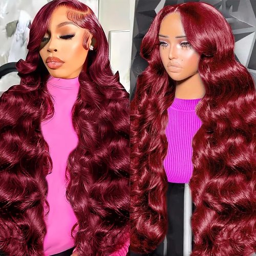 24 Inch Burgundy Lace Front Wigs Human Hair 99j 13x6 Body Wave Wigs Human Hair 180% Density Preplucked Full and Thick,100% Real Human Hair No Synthetic Blend No Tangle No Shedding Triple Lifespan 3X